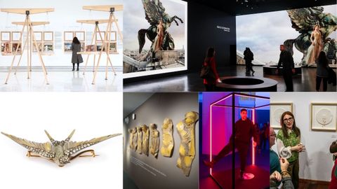 De arriba abaixo e de esquerda a dereita: exposici�n �Internalities�, no Centro Galego de Arte Contempor�nea; �Wonderland�, na Fundaci�n MOP; mostra sobre Lalique, na Fundaci�n Barri�; �Acisclo Manzano. Bosquexos para Mateo�, no Museo das Peregrinaci�ns; �Mundo expandido�, na Cidade da Cultura; e �Relatos do habitado�, no Museo do Gravado de Artes.