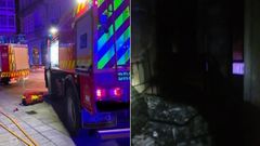 Varias dotaciones de bomberos se desplazaron de madrugada por un incendio a la c�ntrica Praza de Mac�as (imagen de la izquierda). Algunas habitaciones de la vivienda afectada quedaron calcinadas por el fuego (derecha).