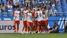 Los jugadores del Oviedo celebran el gol de Del Moral al Deportivo