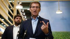 El presidente del PP, Alberto N��ez Feijo�, y el presidente de Murcia, Fernando L�pez Miras, visitaron este martes la feria Fruit Attraction inaugurada en el recinto de IFEMA, en Madrid.