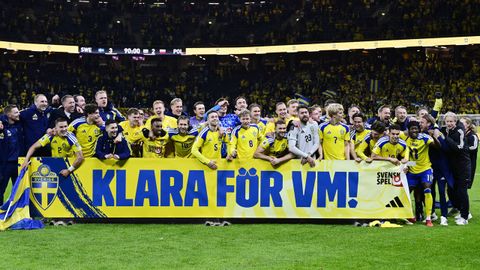 Los jugadores del Celta Carl Starfelt y Williot Swedberg, celebrando con sus compa�eros la clasificaci�n de Suecia para el Mundial.