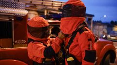 Bomberos de Ourense poni�ndose el traje de protecci�n para retirar velutinas.