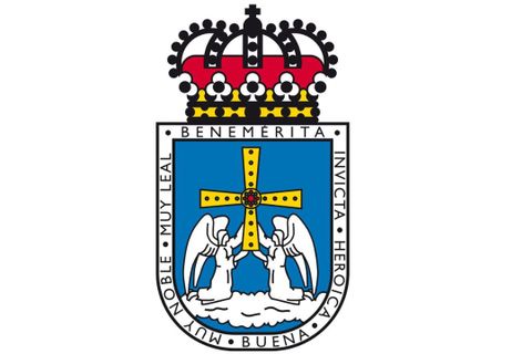 Escudo de la ciudad de Oviedo donde se muestran los seis t�tulos que tiene la ciudad.
