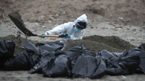 Un operario enterraba en diciembre aves muertas por gripe aviar en una playa de Per. paolo aguilar | efe