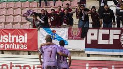 Aficionados y jugadores del Pontevedra celebrando un tanto en el Ruta de la Plata de Zamora.