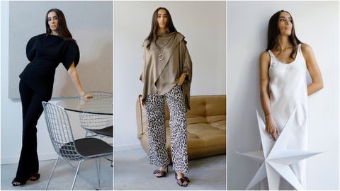 De izquierda a derecha: Aldara con un look negro de Zara; en el centro, con pantal&oacute;n de leopardo de La Folie y capa de Cuatro Islas y, a la derecha, vestido lencero de Cuatro Islas