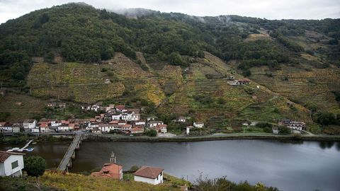 Vista de Belesar y del camino desde la orilla chantadina del Mio