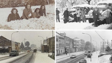 Las nevadas de Narón: arriba izquierda, 1941 en el monte de la fábrica de Xuvia; derecha camiones en los 50; abajo las últimas nevadas de 1987, en Piñeiros y Xuvia