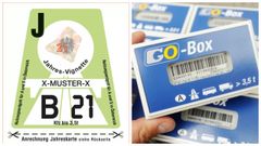 Dos modelos de vi�eta en Austria: la azul es para recorridos a corto plazo de 10 d�as o 2 meses, fundamentalmente para extranjeros; y la otra es anual