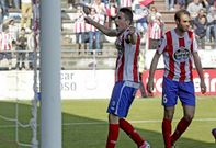 Iago D�az, celebrando el gol que le hizo al Almer�a en el �ngel Carro, junto a �l, V�ctor D�az.