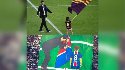 En la imagen superior, Luis Enrique celebrando en 2015 su primera Champions con el Barça mientras su hija agita una bandera. Abajo, el tifo desplegado por los aficionados del PSG para recordar a la pequeña, fallecida en 2019 por un osteosarcoma.