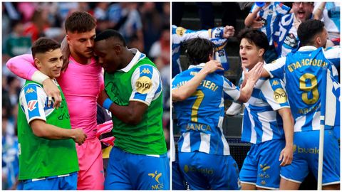 En la imagen de la izquierda, Bil celebra la victoria ante el Legan&eacute;s junto a Yeremay y &Aacute;lvaro Ferllo; a la&nbsp;derecha, No&eacute; festeja junto a Mulattieri y Zaka su gol frente al cuadro pepinero.