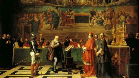 Por continuar defendiendo el heliocentrismo a pesar de ser advertido hace ahora 400 a�os, en 1633 Galileo fue juzgado por la Inquisici�n, obligado a abjurar, y condenado a permanecer en arresto domiciliario hasta el fin de sus d�as (Galileo ante el Santo Oficio, cuadro de Robert-Fleury)