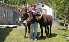 Ana Gand�n, con sus burritos Cuca (izquierda) y Carolo, (derecha) que son madre e hijo, en la casa rural de Viladesuso, Oia. 