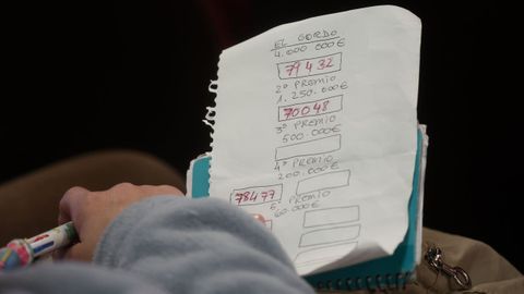 Un hombre apunta los n&uacute;meros que van premiando durante la celebraci&oacute;n del Sorteo Extraordinario de la Loter&iacute;a de Navidad 2025, en el Teatro Real.