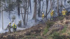 Varios bomberos trabajando en la extincin de uno de los incendios activos en Ponteceso.