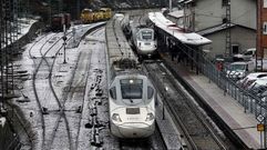 Trenes de Renfe estacionados en Pola de Lena. El temporal de nieve ha interrumpido esta ma�ana el tr�fico ferroviario entre Asturias y Le�n, por lo que Renfe ha puesto en marcha un plan alternativo de transporte de viajeros
