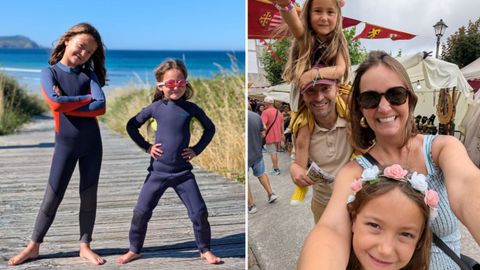 La familia DeMarco, a la derecha en el mercado medieval de Corcubi�n el pasado julio. A la izquierda, las dos hijas, aficionadas al surf en la playa de Nemi�a.