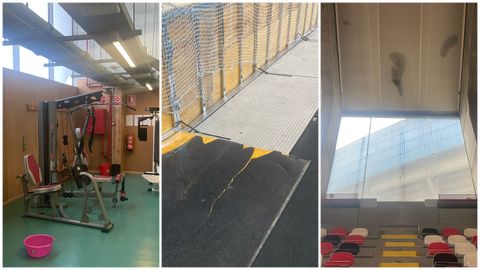 Una de las salas de musculaci�n del Palacio de los Deportes de Riazor, en la que se puede ver una tinaja de pl�stico en el suelo, con el objeto de recoger el agua que cae desde las goteras del techo.