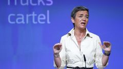 La comisaria europea de Competencia, Margrethe Vestager, en la rueda de prensa en la que se ha anunciado la multa de Bruselas