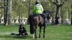 Un polic�a a caballo conversa con una persona en el parque St James de Londres. 