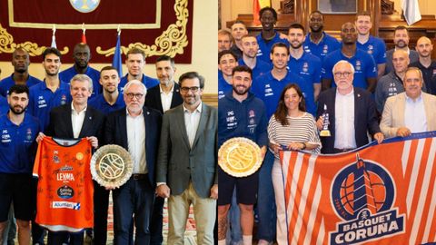 En la imagen izquierda, Alfonso Rueda y Diego Calvo reciben al Leyma en la Xunta; en la derecha, la alcaldesa In�s Rey y Manuel V�zquez hacen lo propio en el Concello da Coru�a.