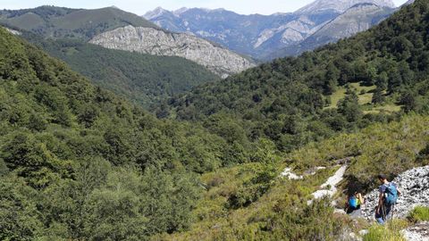 Un grupo de turistas realiza la ruta del Tabayn de Mongayo en el parque natural de Redes, reconocido por la UNESCO como Reserva de la Biosfera