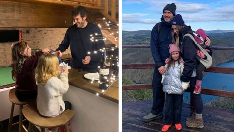 Rodrigo con sus hijas, Noah y Remi, en Navidad, y a la derecha con la madre, Verity, en un mirador cercano al complejo