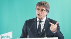 El presidente de Junts, Carles Puigdemont, durante la rueda de prensa ofrecida en Perpignan (Francia).