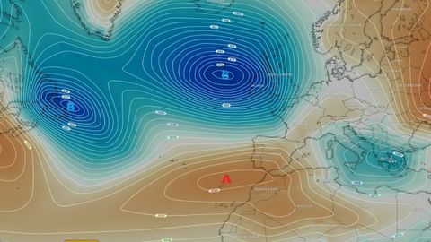 El mapa actual de presi�n permite observar el anticicl�n de las Azores retirado hacia el sur y una potente borrasca al oeste de Irlanda