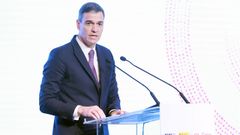 El presidente del Gobierno, Pedro S�nchez, este viernes, en Se�l, en un acto para fomentar las relaciones comerciales entre Espa�a y Corea del Sur