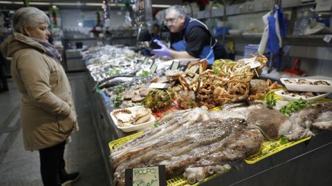 Marisco y pescado en la plaza de Lugo, en A Corua