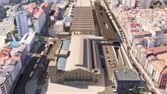 As� ser� la intermodal seg�n la recreaci�n virtual de la Xunta. La terminal de buses -a la derecha de la imagen- ir� en paralelo a la Sardi�eira. Tendr� un edificio para viajeros, una planta intermedia con d�rsenas para abuses y un p�rking con 325 plazas. San Crist�bal -en primer plano- se adaptar� al AVE y, del lado de la avenida del Ferrocarril -a la izquierda de la imagen-, tendr� marquesinas para buses de trayecto corto. Entre las terminales ir� una pasarela peatonal que unir� las terminales y las avenidas de la Sardi�eira y el Ferrocarril.