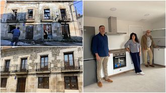 Arriba a la izquierda, la casa tras los incendios, en la foto de abajo el edificio rehabilitado y a la derecha el interior de los apartamentos