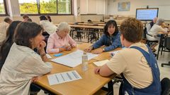 Cristina Luginick, de rosa, en una de las reuniones del Comit� Cidad�n polo Clima celebrada en la Escola de Forestais del campus de Pontevedra