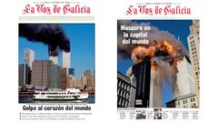 A la izquierda, primera plana de la edici�n especial de La Voz publicada en la tarde del propio 11S. A la derecha, el peri�dico del d�a 12