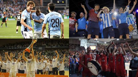 Arriba a la izquierda, los c�lticos Fer L�pez, Ilaix Moriba y Yoel L�pez celebran un gol; arriba a la derecha, Ximo, Mella y Luismi Cruz, durante los festejos por el ascenso a Primera; abajo a la izquierda, los jugadores del Obradoiro, campeones de Primera FEB; y abajo a la derecha, los jugadores del Leyma celebran el ascenso a la Liga Endesa