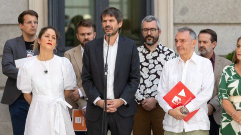 Dirigentes de los distintos partidos que conforman Sumar, tras la reunión de la comisión de seguimiento del pacto del Gobierno de coalición.