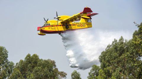 Un hidroavión descarga para extinguir un foco que se originó al mediodía del viernes cerca de Vilar