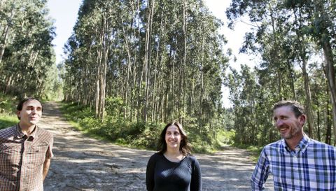 Marcos Est�vez (t�cnico de FSC), Noem� Garc�a (consultora) y el maderero Rafael D�az, ante una parcela de monte certificado en Meis. 