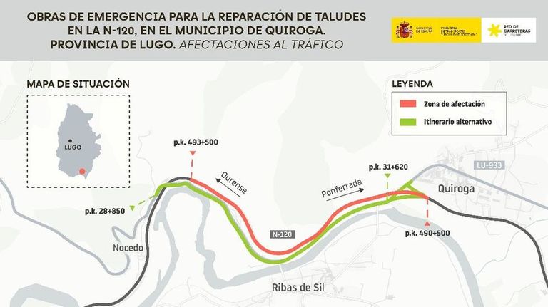 Imagen difundida por el Ministerio de Transportes para explicar el corte de la N-120 en Quiroga y el itinerario alternativo que podr&aacute;n tomar los conductores