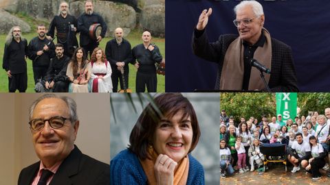 Los galardonados con las Medallas Castelao 2025 (de izquierda a derecha y de arriba abajo): Luar na Lubre, Víctor F. Freixanes, Emilio Pérez Nieto, Rosa Rodríguez Álvarez y la asociación Agaela.