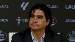 El director de f�tbol del Celta, Marco Garc�s, este jueves en la sala de prensa de Bala�dos.