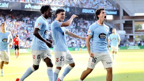 Los jugadores del Celta, celebrando el gol de Hugo Gonz�lez ante el Racing de Santander.