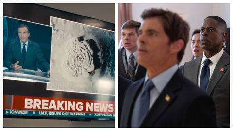 Un momento de la serie, cuando un presentador informa sobre la erupci&oacute;n volc&aacute;nica en la Ant&aacute;rtida que sorprende al presidente de Estados Unidos en el despacho Oval junto a su equipo de seguridad