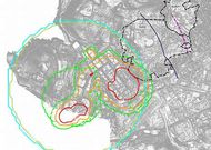 <span lang= es-es >Curvas que marcan el nivel de riesgo</span>. Las primera l�nea rojas sobre la refiner�a marca la zona de mayor riesgo. Entre la naranja y la verde ya es posible hacer urbanizaci�n intensiva.