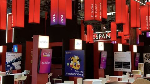 Espacio de la empresa porri�esa Quobis en el pabell�n de Espa�a el Mobile World Congress de Barcelona.
