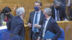 Feijoo, en el Parlamento la semana pasada, entre los dos vicepresidentes, Francisco Conde y Alfonso Rueda