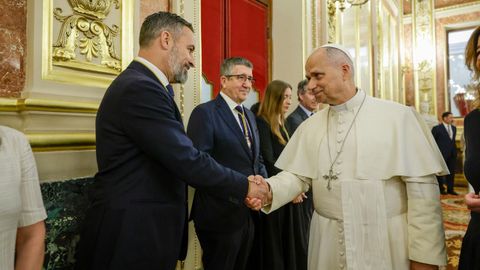 Santiago Abascal estrecha la mano del papa Le�n XIV, ayer en el Congreso de los Diputados.