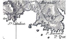 A illa de Santa Catarina, na carta xeom�trica de Domingo Font�n (1845), onde unha cruz sinala o emprazamento dun templo cristi�n